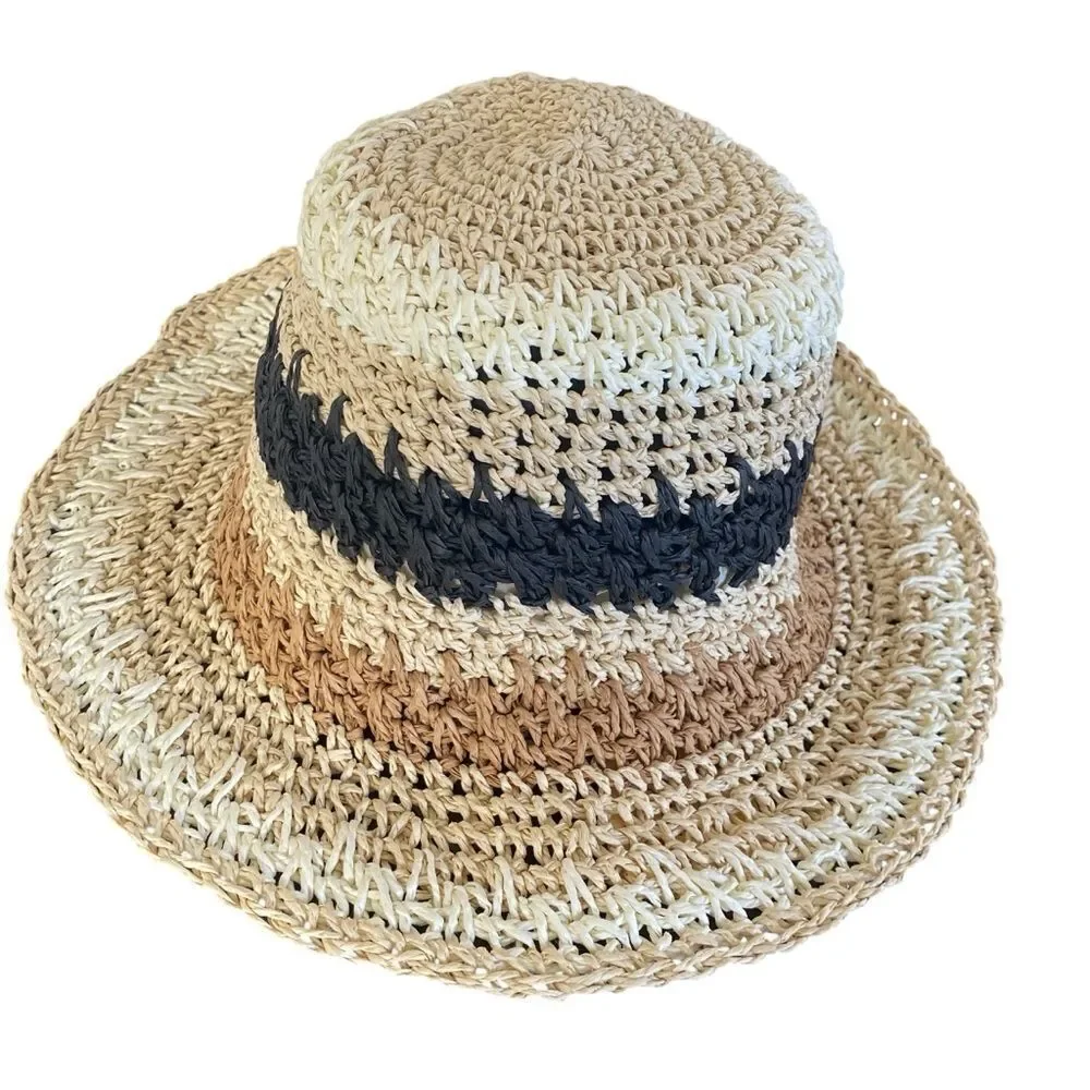 Crochet Stripe Beige Black Ivory Bucket Hat NWT